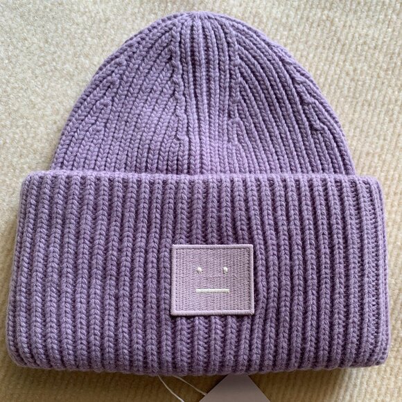 Acne Studios Lilac Wool Beanie with Face Logo Patch - Picture 1 of 4